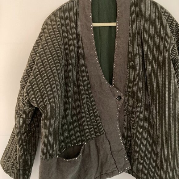 Unique 100% Linen Cotton Quilted Jacket, M (M/L), Army Green - Picture 5 of 12